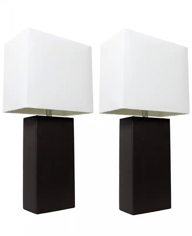 Elegant Designs 2 Pack Modern Leather Table Lamps with White Fabric Shades, Black Lamp Set