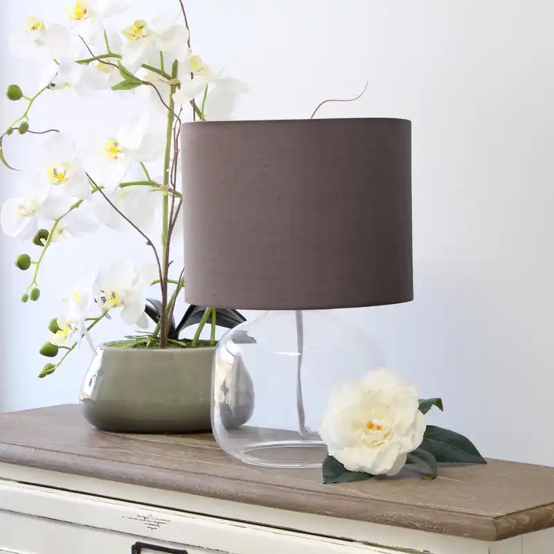 Simple Designs Lampe de table en verre avec abat-jour en tissu, transparent avec abat-jour gris