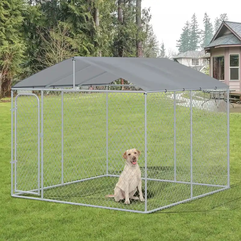 Chenil extérieur avec toit, clôture en acier, serrure en acier, parois latérales en grillage pour jardin et patio, 2,99 m