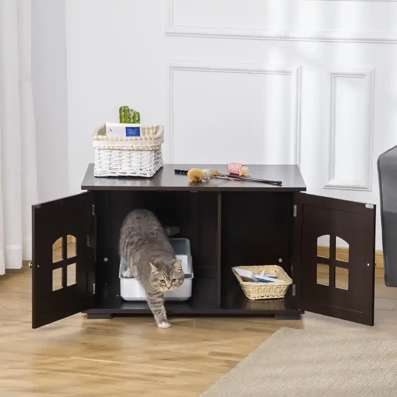 Meuble cache-litière pour chat, meuble de rangement pour chat d'intérieur, armoire de toilette pour chat à double porte, table de chevet