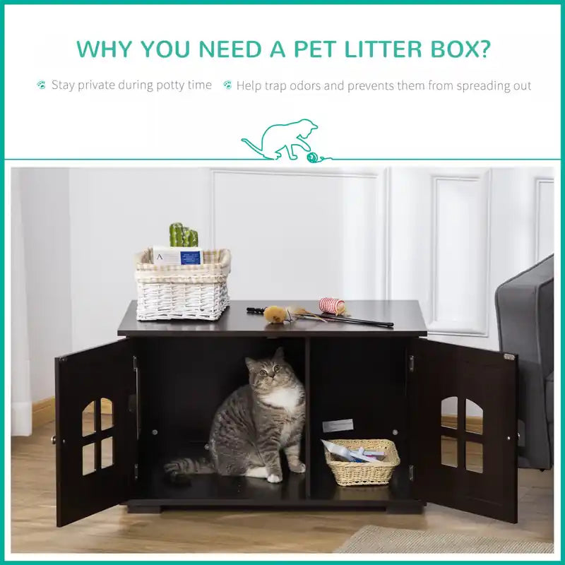 Meuble cache-litière pour chat, meuble de rangement pour chat d'intérieur, armoire de toilette pour chat à double porte, table de chevet