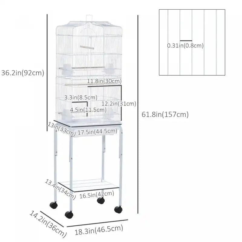 62 Cage à oiseaux pour perruches avec roulettes, support détachable, rangement