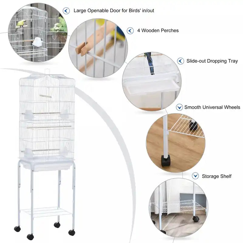 62 Cage à oiseaux pour perruches avec roulettes, support détachable, rangement