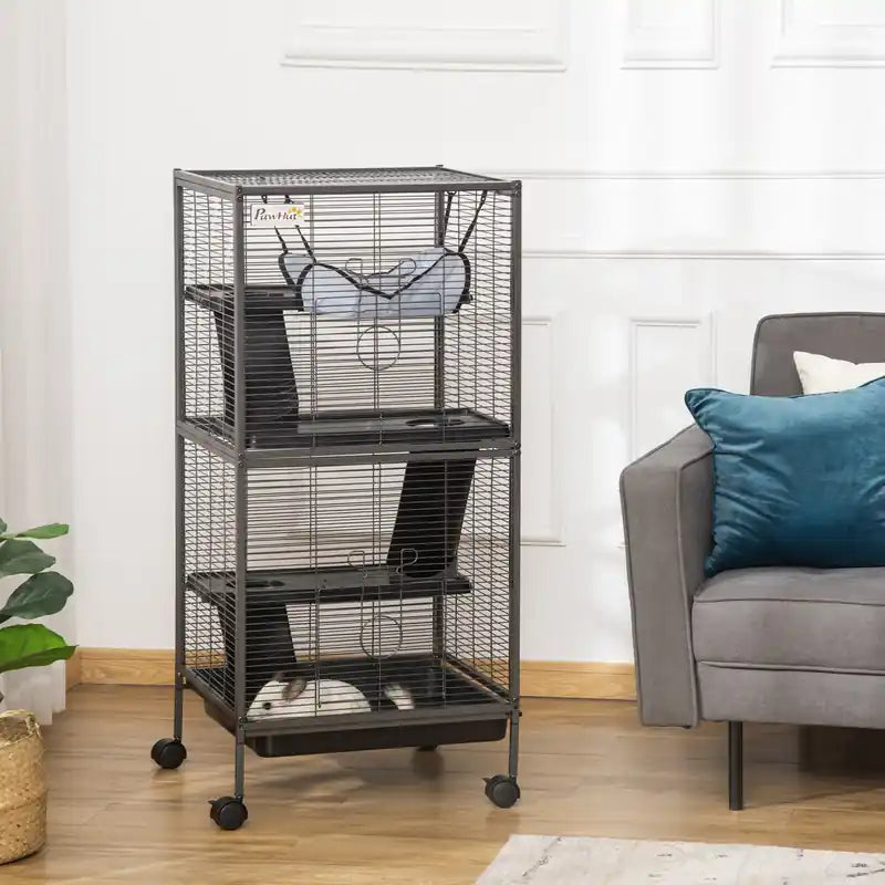Cage à roulettes à 4 niveaux pour petits animaux, vison, chinchilla, petite maison pour chat, aire de jeu pour animaux de compagnie avec hamac