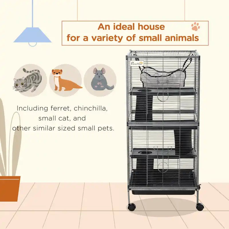 Cage à roulettes à 4 niveaux pour petits animaux, vison, chinchilla, petite maison pour chat, aire de jeu pour animaux de compagnie avec hamac