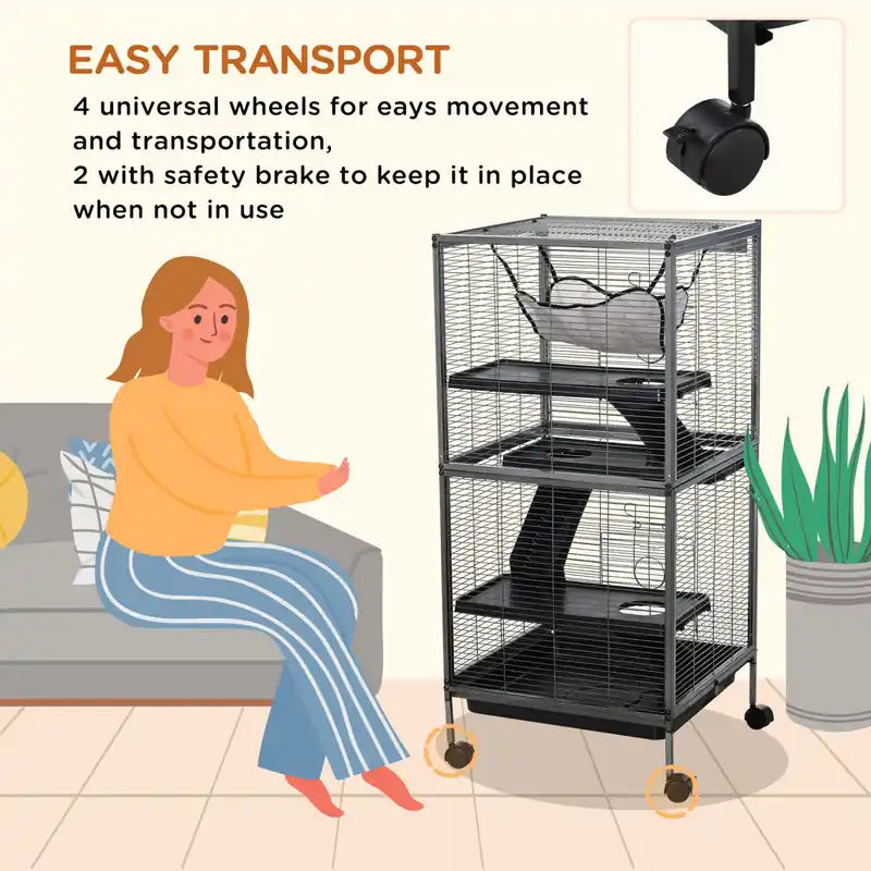Cage à roulettes à 4 niveaux pour petits animaux, vison, chinchilla, petite maison pour chat, aire de jeu pour animaux de compagnie avec hamac