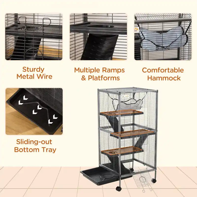 Cage à roulettes à 4 niveaux pour petits animaux, vison, chinchilla, petite maison pour chat, aire de jeu pour animaux de compagnie avec hamac
