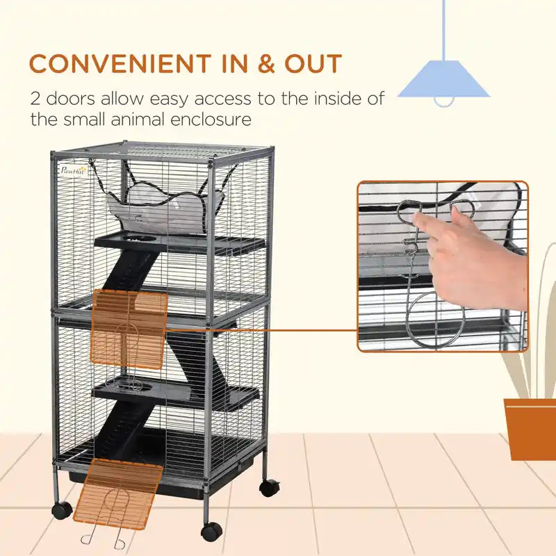 Cage à roulettes à 4 niveaux pour petits animaux, vison, chinchilla, petite maison pour chat, aire de jeu pour animaux de compagnie avec hamac