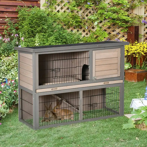 Clapier à 2 étages pour lapins, en bois, avec rampe, bac coulissant