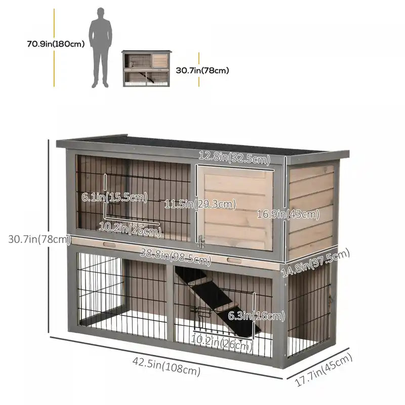 Clapier à 2 étages pour lapins, en bois, avec rampe, bac coulissant