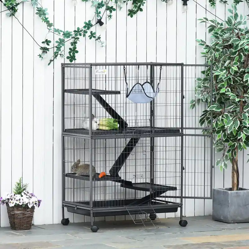 Cage de luxe à roulettes pour petits animaux, maisonnette de jeu avec plateforme, rampes, tiroir coulissant