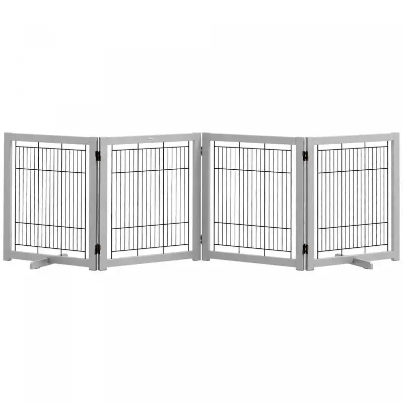 Pawhut Wooden Dog Gate Foldable Pet Fence For Small & Medium Dogs 4 Panel With Support Feet Freestan