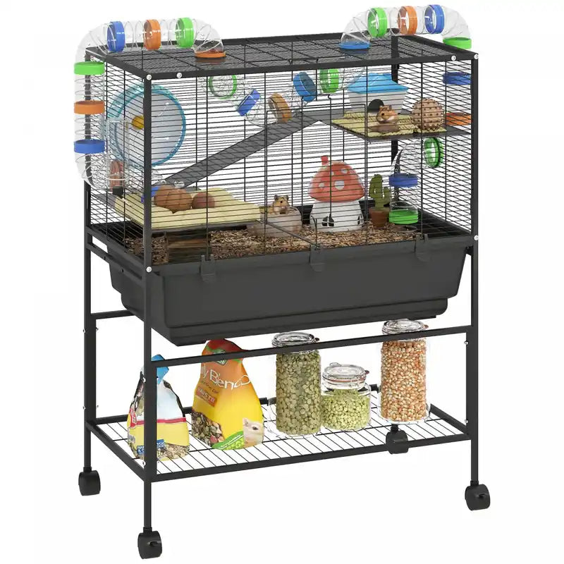 Pawhut Large Hamster Cage With 7 Deep Tray, 3 Tier Rolling Gerbil Cage With Storage Shelf, Big Exercise Wheel, Tube System, Hut, Platforms, Ramps, For Syrian, Gerbil, Rat