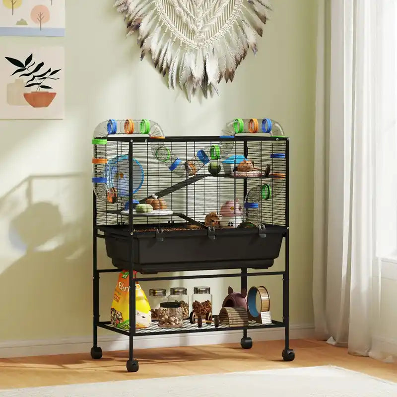 Grande cage à hamster avec 7 bacs profonds, cage à gerbilles roulante à 3 niveaux avec étagère de rangement, grande roue d'exercice, système de tubes, cabane, plateformes, rampes, pour hamster syrien, gerbille, rat