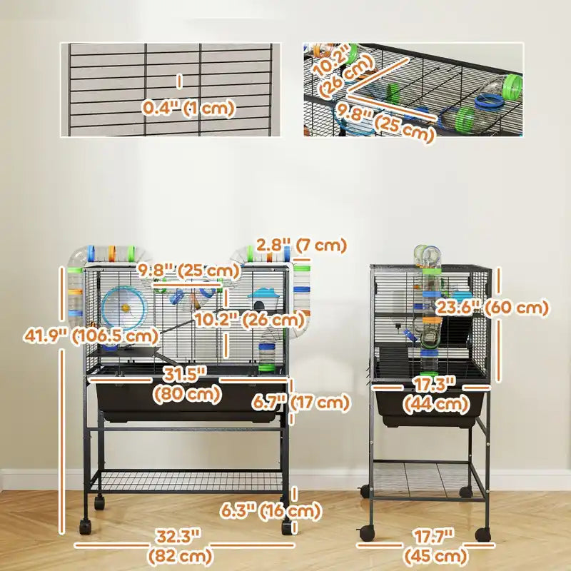 Grande cage à hamster avec 7 bacs profonds, cage à gerbilles roulante à 3 niveaux avec étagère de rangement, grande roue d'exercice, système de tubes, cabane, plateformes, rampes, pour hamster syrien, gerbille, rat