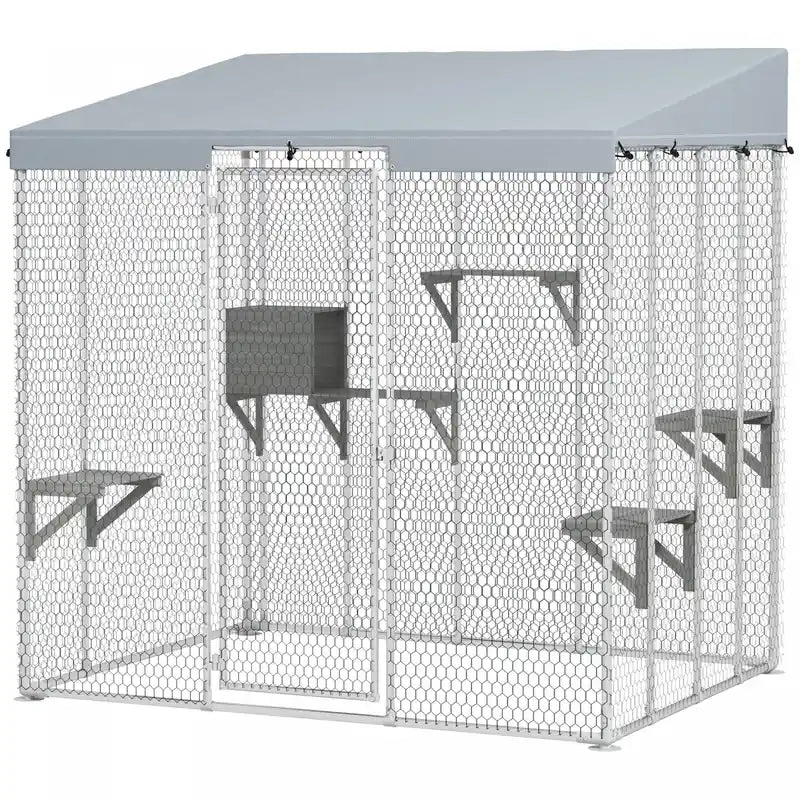 Pawhut Catio Outdoor Cat Enclosure Large, 79 L Galvanized Steel Outdoor Cat House With 420d Waterproof Canopy, Multiple Platforms, Resting Condo, Lockable Door, For 1-3 Large Cats
