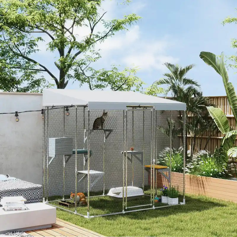 Grand enclos extérieur pour chats Catio, 79 L, en acier galvanisé, avec auvent étanche 420d, plateformes multiples, condo de repos, porte verrouillable, pour 1 à 3 grands chats