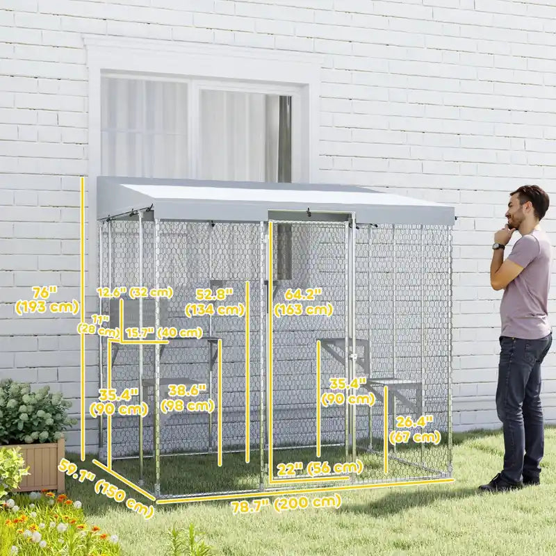 Grand enclos extérieur pour chats Catio, 79 L, en acier galvanisé, avec auvent étanche 420d, plateformes multiples, condo de repos, porte verrouillable, pour 1 à 3 grands chats
