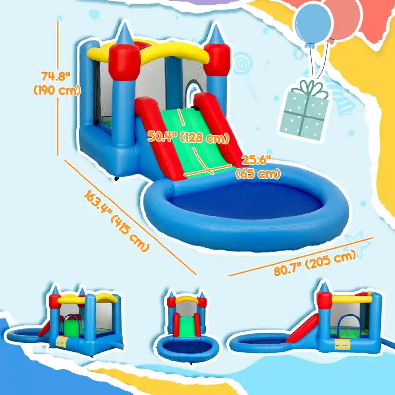 Château Gonflable pour Enfants de 4,1 X 2 m, Maison Gonflable 4 en 1 avec Toboggan Aquatique, Panier de Basket, Piscine à Balles, Souffleur, Sac de Transport, Château Gonflable Intérieur et Extérieur pour les 3-8 Ans