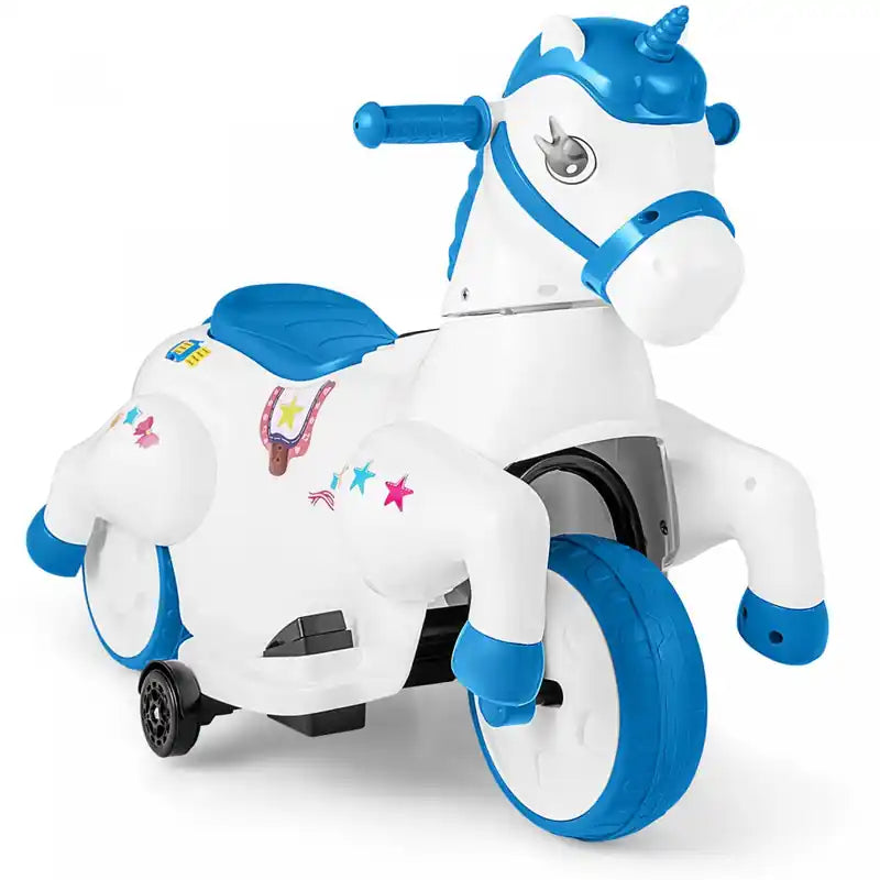 Jouet Licorne Électrique 12V pour Enfants avec Roues d'Apprentissage Musique Démarrage à un Bouton Jouet Cheval Bleu