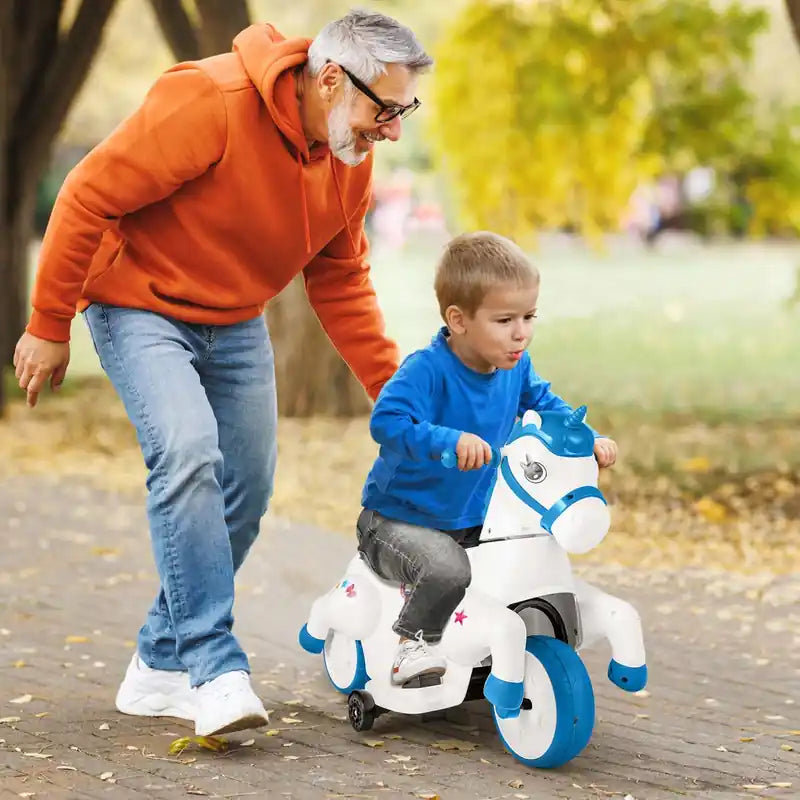 Jouet Licorne Électrique 12V pour Enfants avec Roues d'Apprentissage Musique Démarrage à un Bouton Jouet Cheval Bleu
