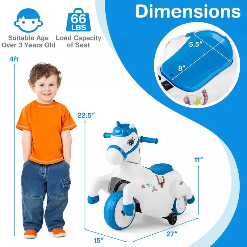 Jouet Licorne Électrique 12V pour Enfants avec Roues d'Apprentissage Musique Démarrage à un Bouton Jouet Cheval Bleu