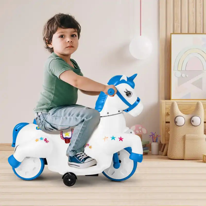 Jouet Licorne Électrique 12V pour Enfants avec Roues d'Apprentissage Musique Démarrage à un Bouton Jouet Cheval Bleu