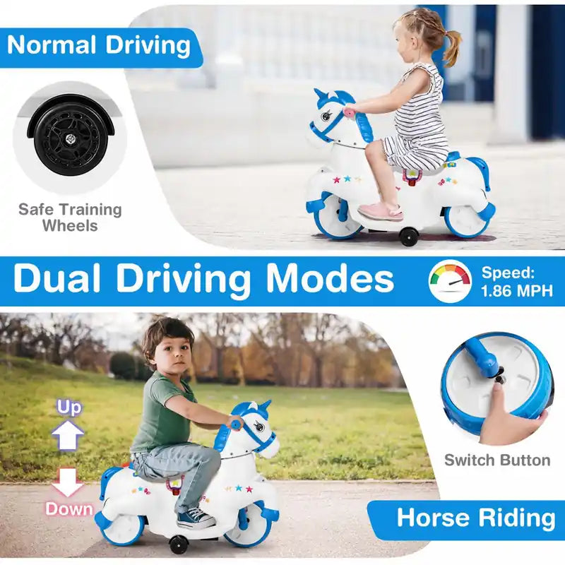 Jouet Licorne Électrique 12V pour Enfants avec Roues d'Apprentissage Musique Démarrage à un Bouton Jouet Cheval Bleu