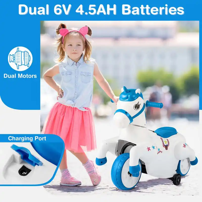Jouet Licorne Électrique 12V pour Enfants avec Roues d'Apprentissage Musique Démarrage à un Bouton Jouet Cheval Bleu