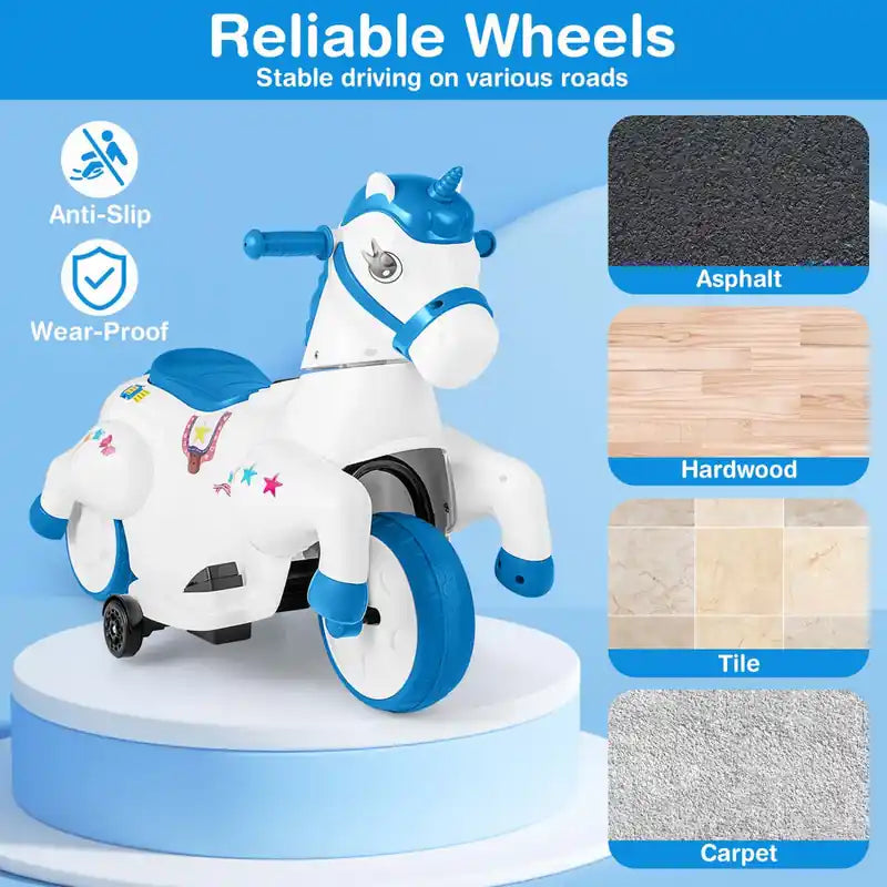 Jouet Licorne Électrique 12V pour Enfants avec Roues d'Apprentissage Musique Démarrage à un Bouton Jouet Cheval Bleu