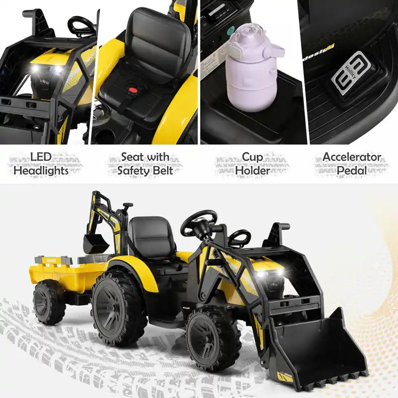 Excavatrice-Bulldozer Électrique 12V 3-en-1 pour Enfants avec Télécommande et Remorque - Jaune