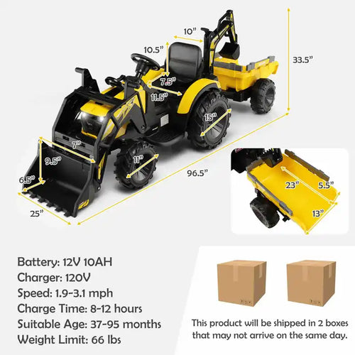 Excavatrice-Bulldozer Électrique 12V 3-en-1 pour Enfants avec Télécommande et Remorque - Jaune