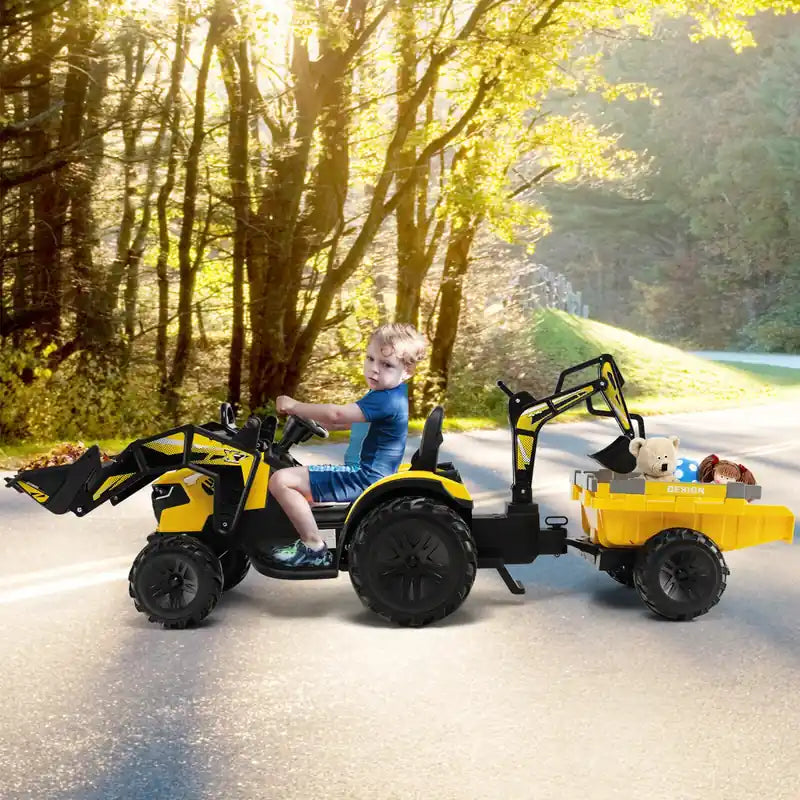 Excavatrice-Bulldozer Électrique 12V 3-en-1 pour Enfants avec Télécommande et Remorque - Jaune