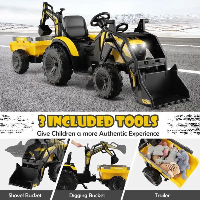 Excavatrice-Bulldozer Électrique 12V 3-en-1 pour Enfants avec Télécommande et Remorque - Jaune