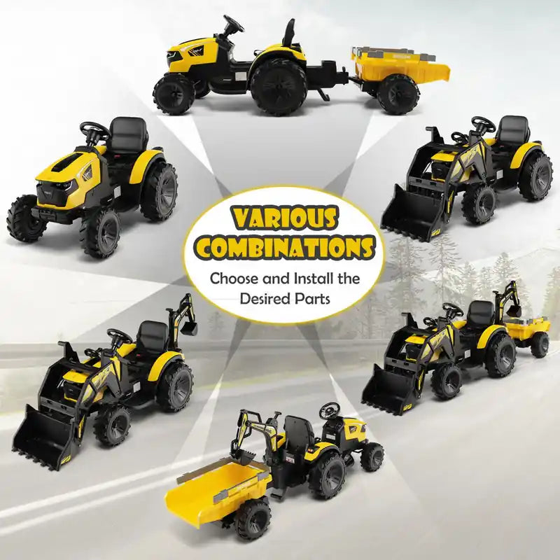 Excavatrice-Bulldozer Électrique 12V 3-en-1 pour Enfants avec Télécommande et Remorque - Jaune