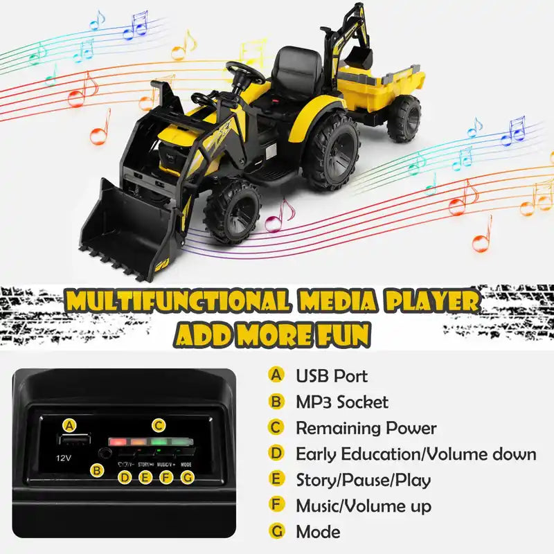 Excavatrice-Bulldozer Électrique 12V 3-en-1 pour Enfants avec Télécommande et Remorque - Jaune