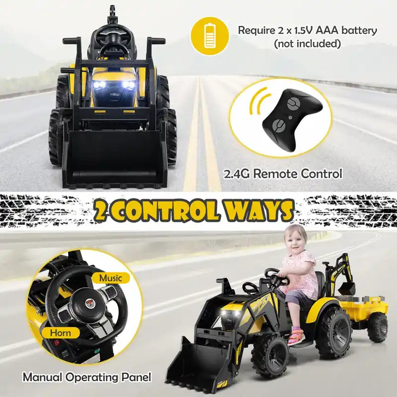 Excavatrice-Bulldozer Électrique 12V 3-en-1 pour Enfants avec Télécommande et Remorque - Jaune