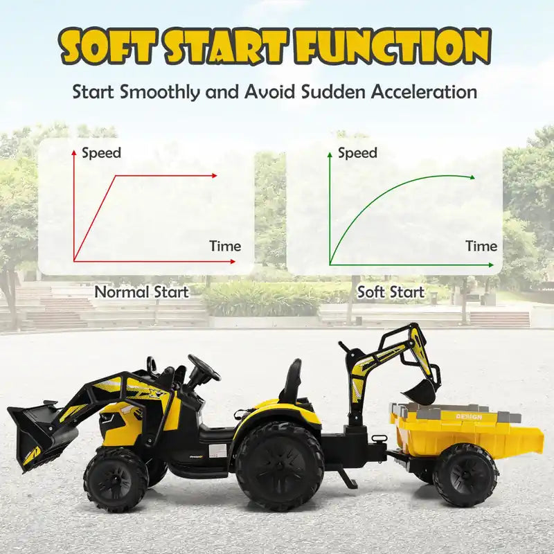 Excavatrice-Bulldozer Électrique 12V 3-en-1 pour Enfants avec Télécommande et Remorque - Jaune