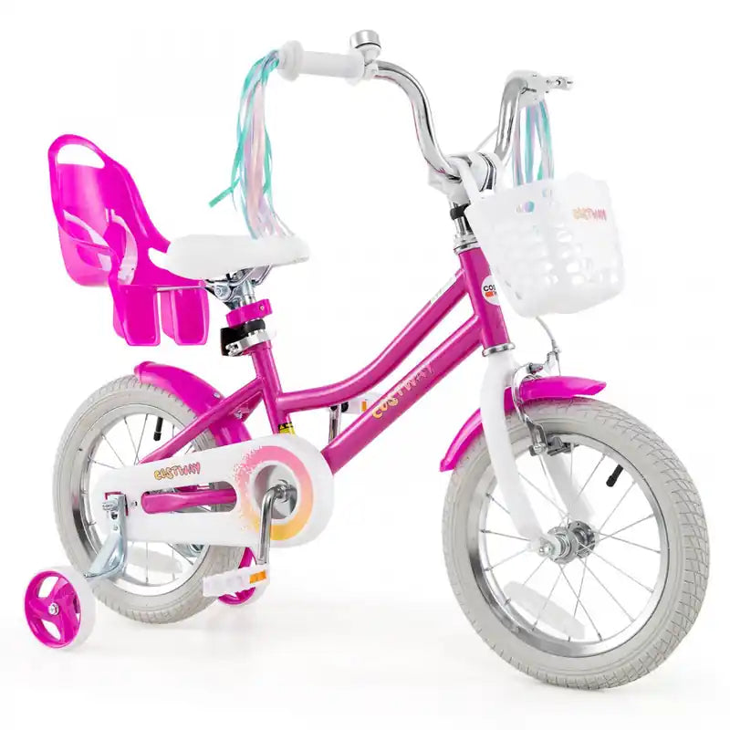 Costway 14 Kids Bike With Training Wheels Doll Seat Basket Streamers Hand Brake Pink