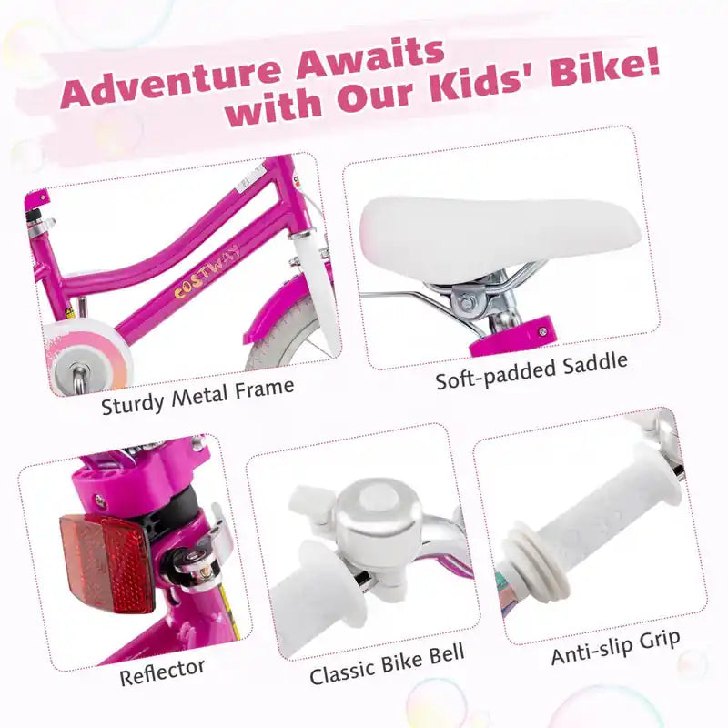 Vélo Enfant 14 Pouces avec Stabilisateurs Siège Poupée Panier Drapeaux Frein à Main Rose