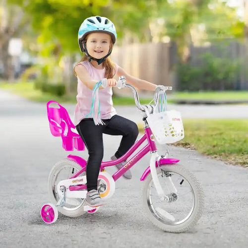 Vélo Enfant 14 Pouces avec Stabilisateurs Siège Poupée Panier Drapeaux Frein à Main Rose