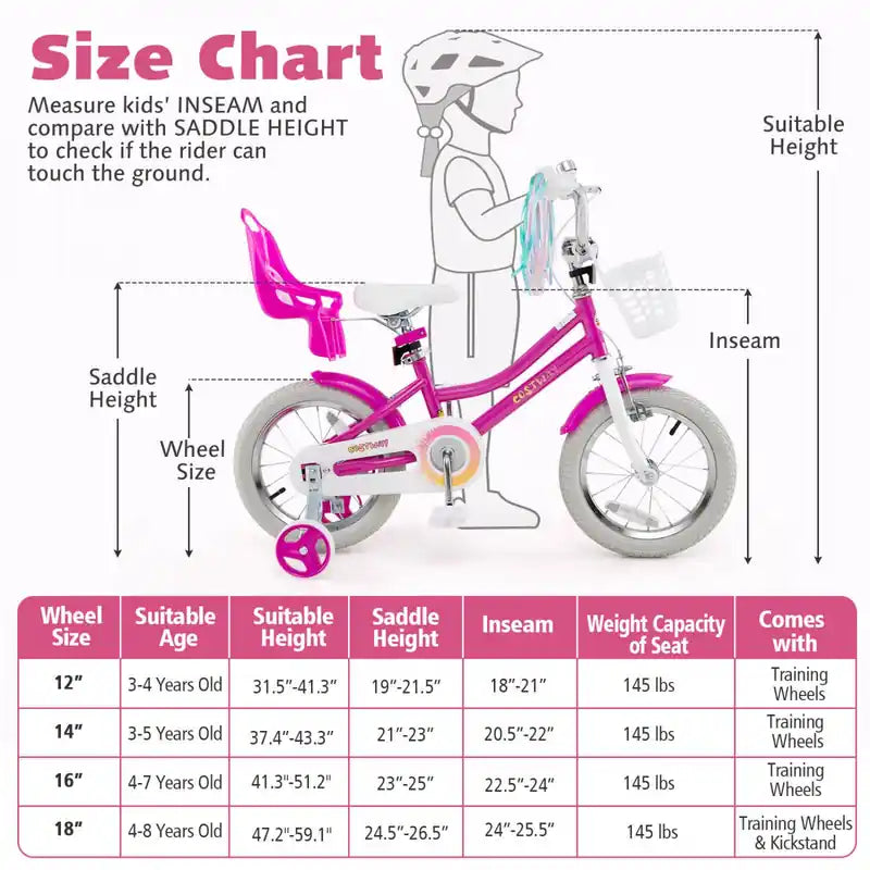 Vélo Enfant 14 Pouces avec Stabilisateurs Siège Poupée Panier Drapeaux Frein à Main Rose