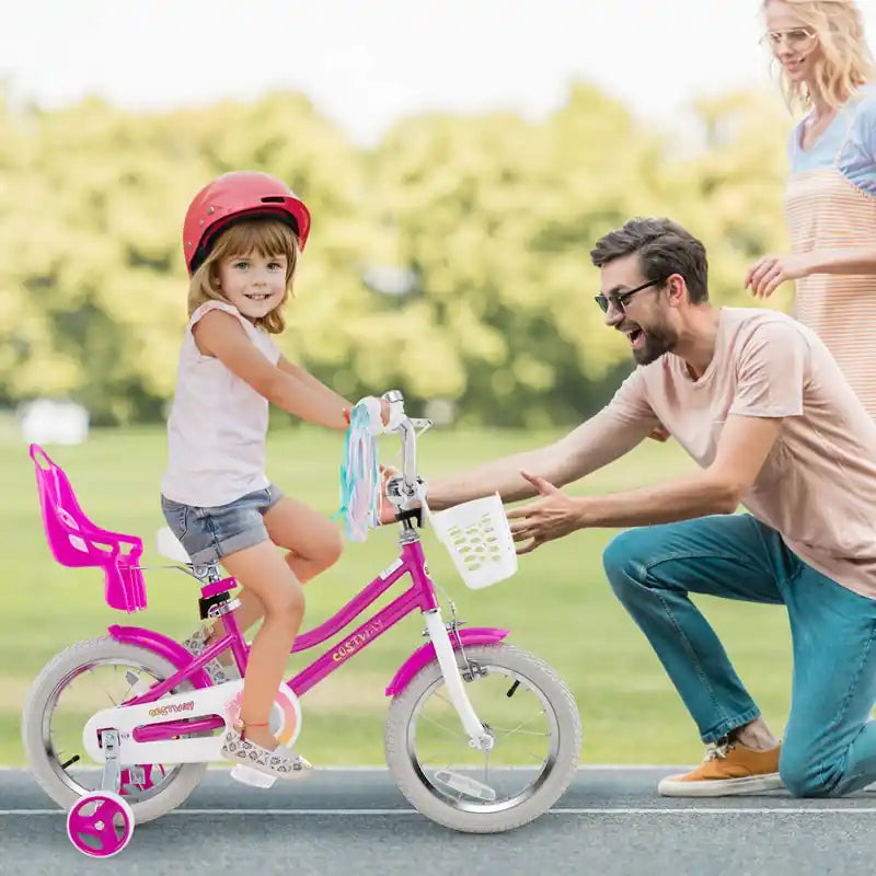 Vélo Enfant 14 Pouces avec Stabilisateurs Siège Poupée Panier Drapeaux Frein à Main Rose