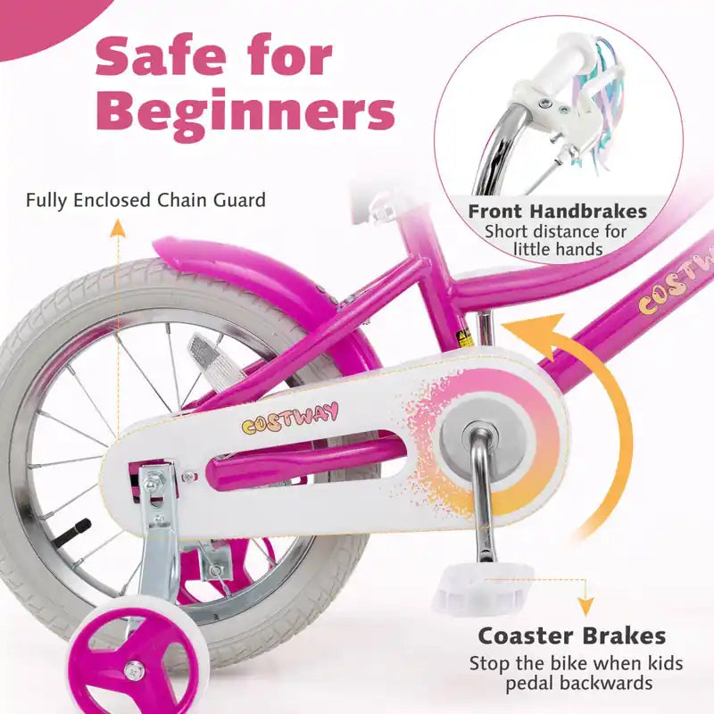 Vélo Enfant 14 Pouces avec Stabilisateurs Siège Poupée Panier Drapeaux Frein à Main Rose