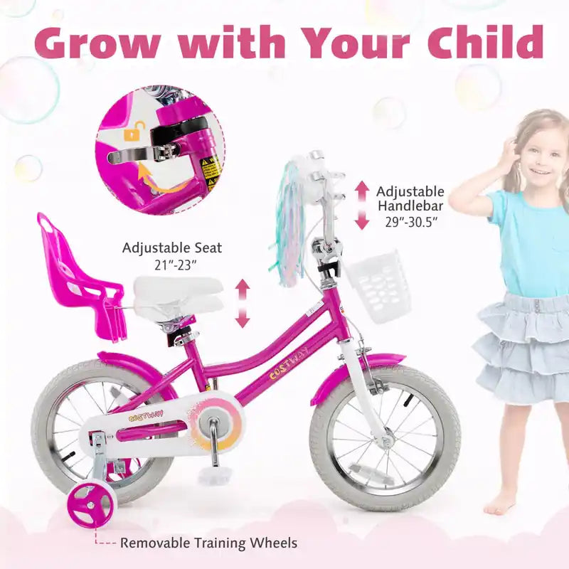 Vélo Enfant 14 Pouces avec Stabilisateurs Siège Poupée Panier Drapeaux Frein à Main Rose