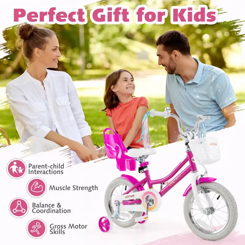 Vélo Enfant 14 Pouces avec Stabilisateurs Siège Poupée Panier Drapeaux Frein à Main Rose