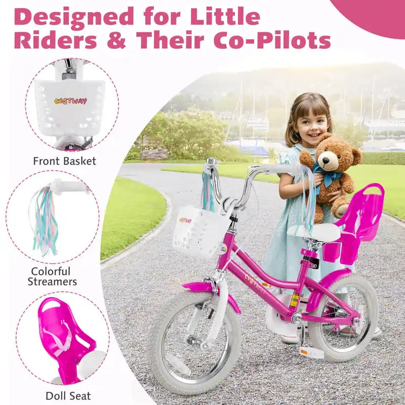 Vélo Enfant 14 Pouces avec Stabilisateurs Siège Poupée Panier Drapeaux Frein à Main Rose