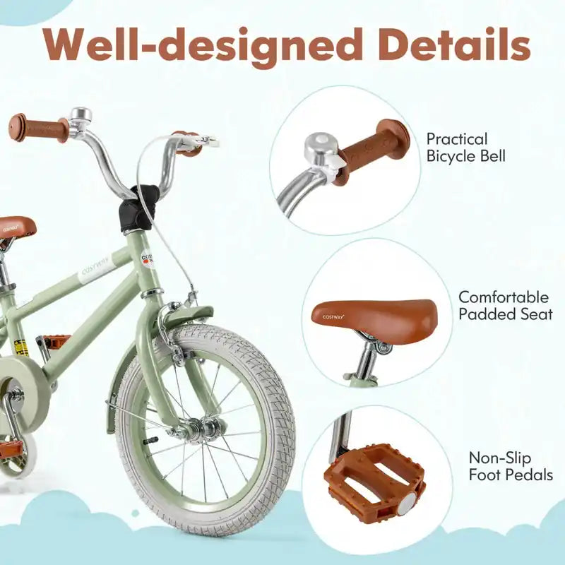 Vélo Enfant 14 Pouces avec Selle Guidon Réglables Roues Stabilisatrices Amovibles Frein à Main Vert