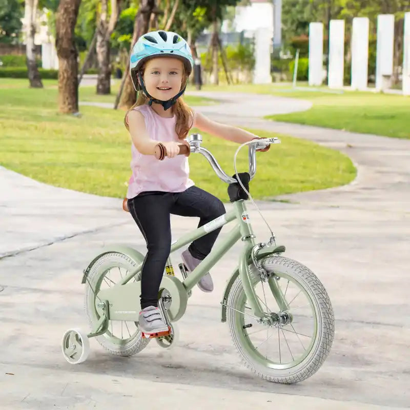 Vélo Enfant 14 Pouces avec Selle Guidon Réglables Roues Stabilisatrices Amovibles Frein à Main Vert