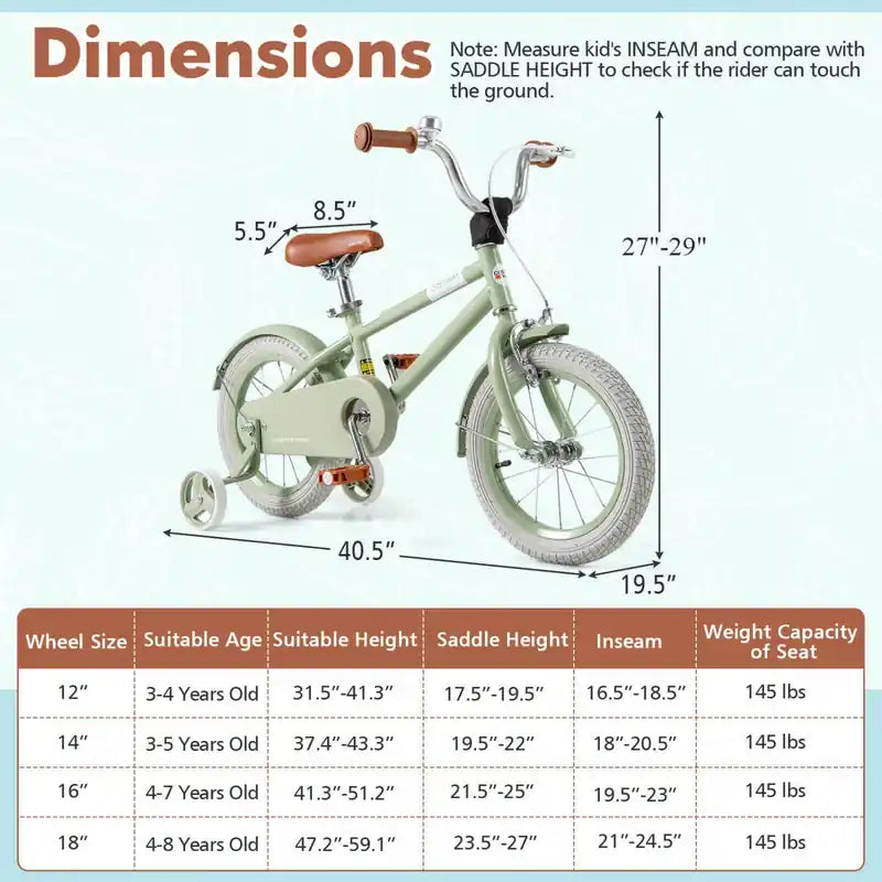 Vélo Enfant 14 Pouces avec Selle Guidon Réglables Roues Stabilisatrices Amovibles Frein à Main Vert